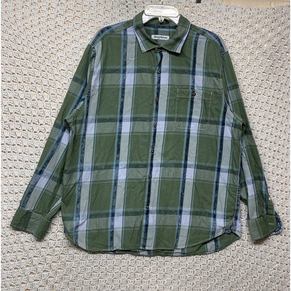Tommy Bahama Shirt Mens‎ XL Olive Green Gray Blue Plaid  Button Up 100%Cotton
